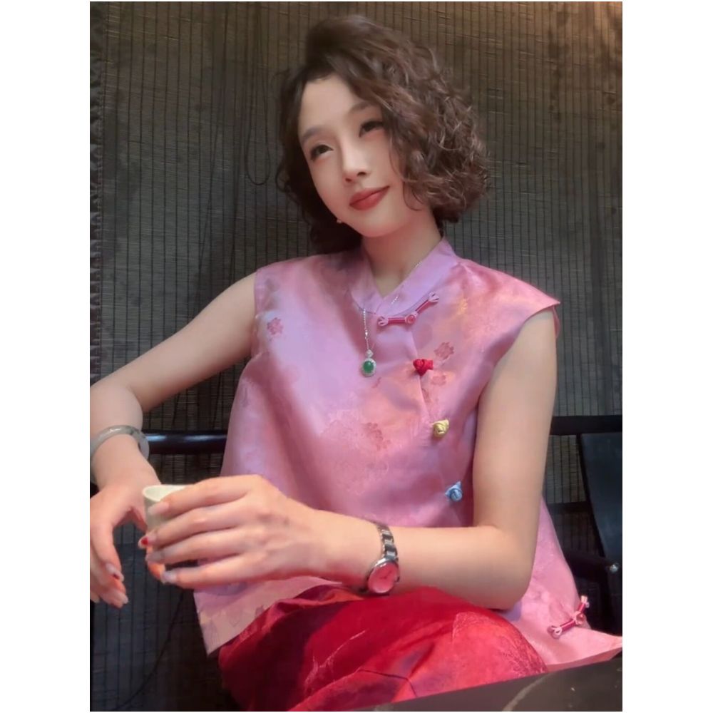 New Chinese style pink jacquard sleeveless vest shirt summer Chinese style colorful button top modified Tang suit blouse image 0