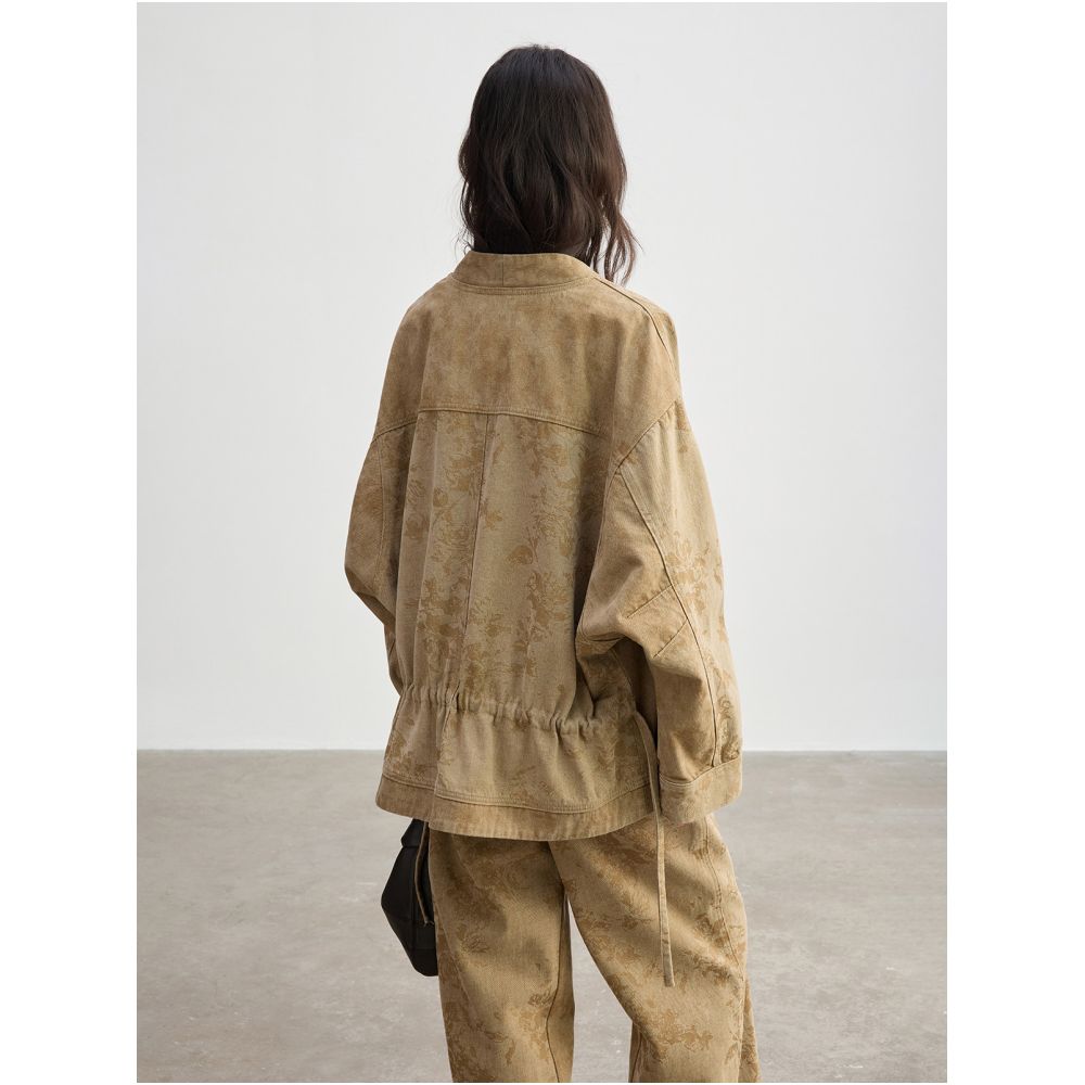 JUSLIN Vintage Washed Floral Silhouette Embossed Denim Jacket with Drawstring Waist and Batwing Sleeves M0302 image 1