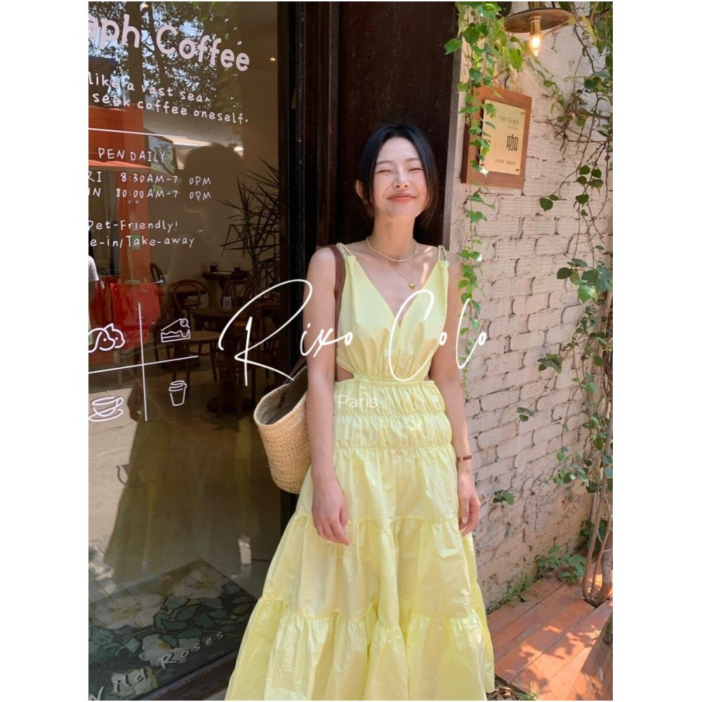 French RIXO COLO dopamine outfit Pale yellow slip dress V neck cutout waist revealing pleated maxi skirt image 4