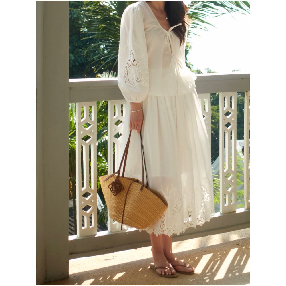 Krocchi Resort Style White Embroidered Midi Skirt Women s 2025 Spring Summer Hollow out Skin friendly Breathable A line High waisted Midi Skirt image 1