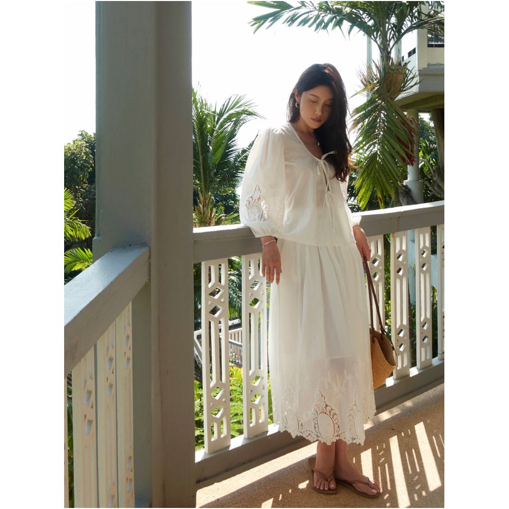 Krocchi Resort Style White Embroidered Midi Skirt Women s 2025 Spring Summer Hollow out Skin friendly Breathable A line High waisted Midi Skirt image 3