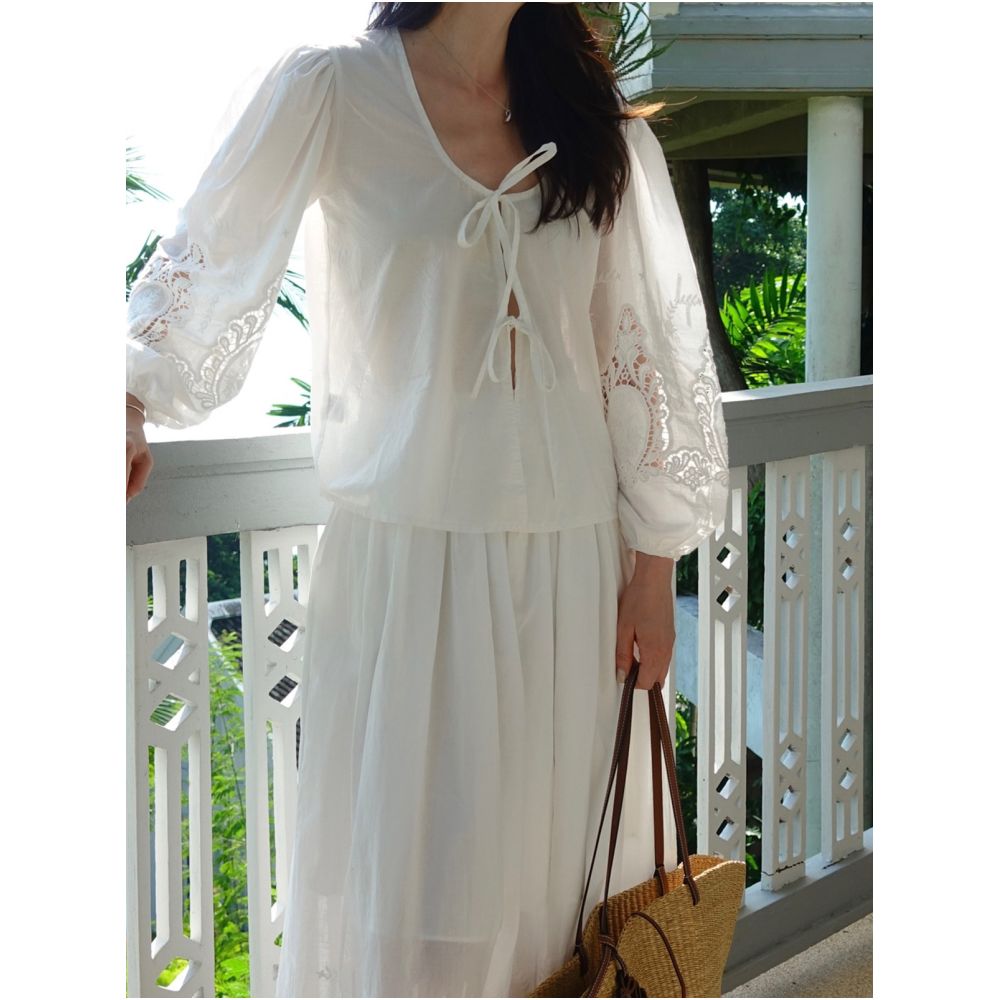 Krocchi French Embroidery Hollow Out Tie Up Top for Women Spring Summer 2025 Oversized Skin Friendly Puff Sleeve Collarless Shirt image 3