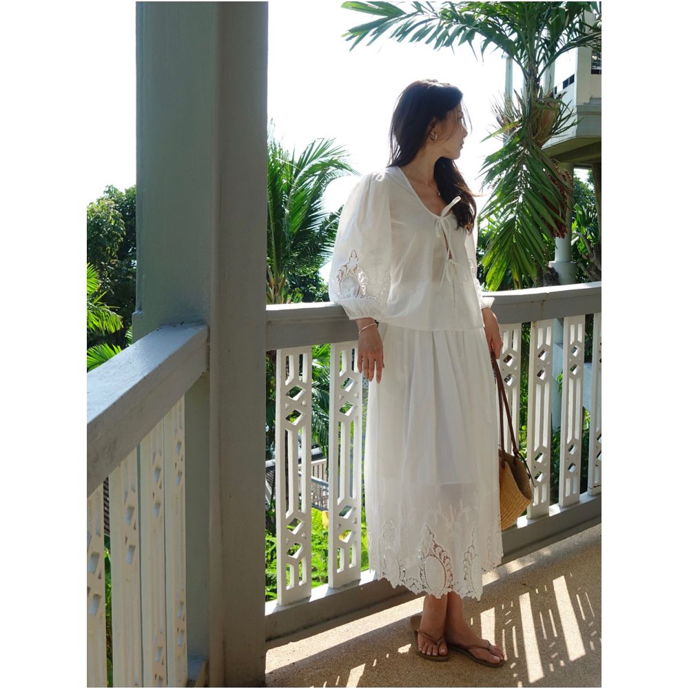 Krocchi French Embroidery Hollow Out Tie Up Top for Women Spring Summer 2025 Oversized Skin Friendly Puff Sleeve Collarless Shirt image 4