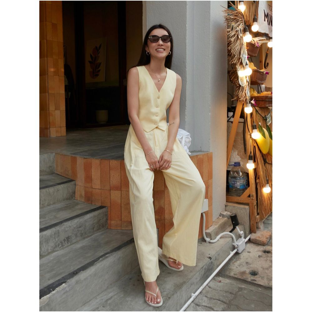 Crocs Cream Yellow Vest Set for Women Spring Summer Linen V neck Short Sleeveless Top and Casual Pants Two Piece Set image 1