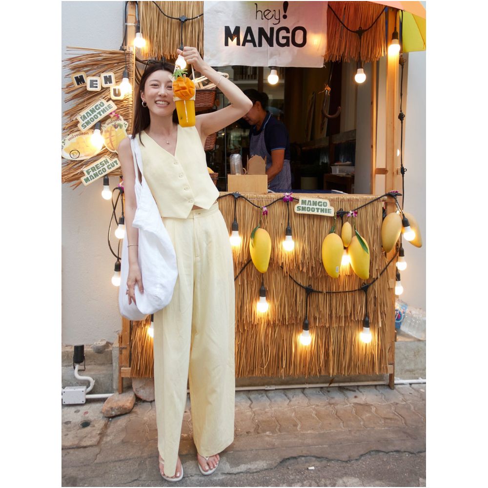 Crocs Cream Yellow Vest Set for Women Spring Summer Linen V neck Short Sleeveless Top and Casual Pants Two Piece Set image 3