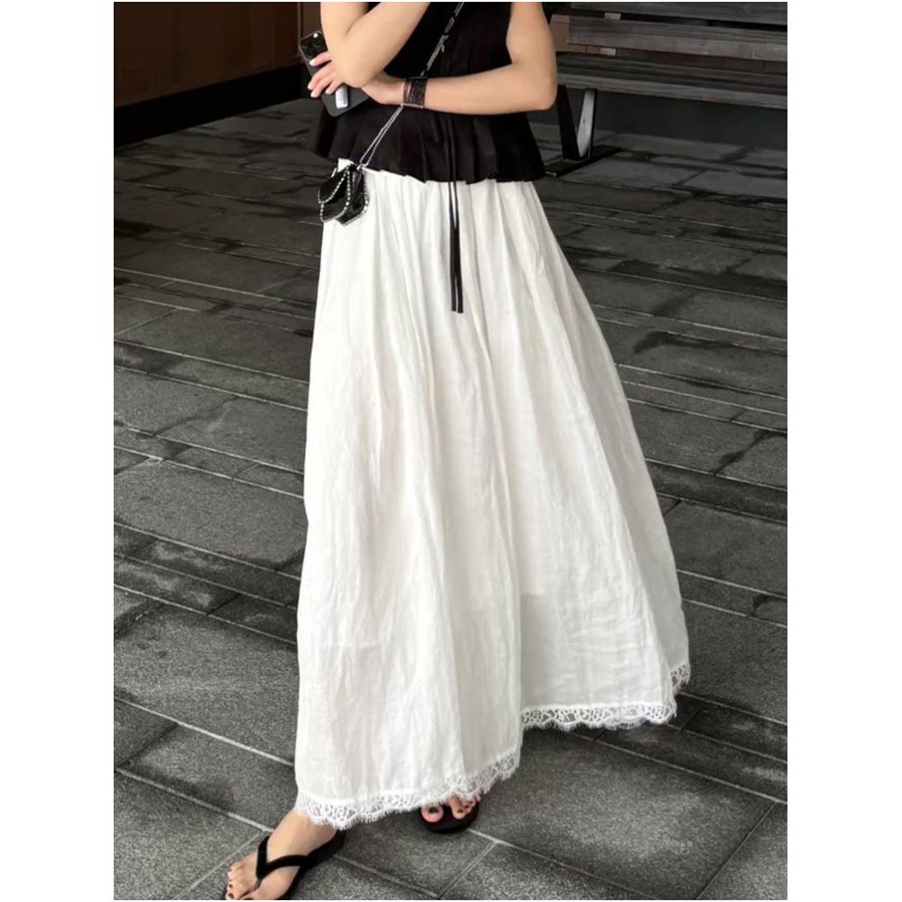 White linen midi skirt with lace trim new summer 2025 style loose fit breathable comfortable versatile full skirt image 2