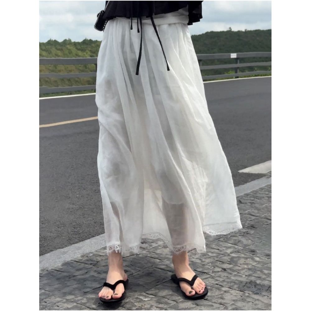 White linen midi skirt with lace trim new summer 2025 style loose fit breathable comfortable versatile full skirt image 4