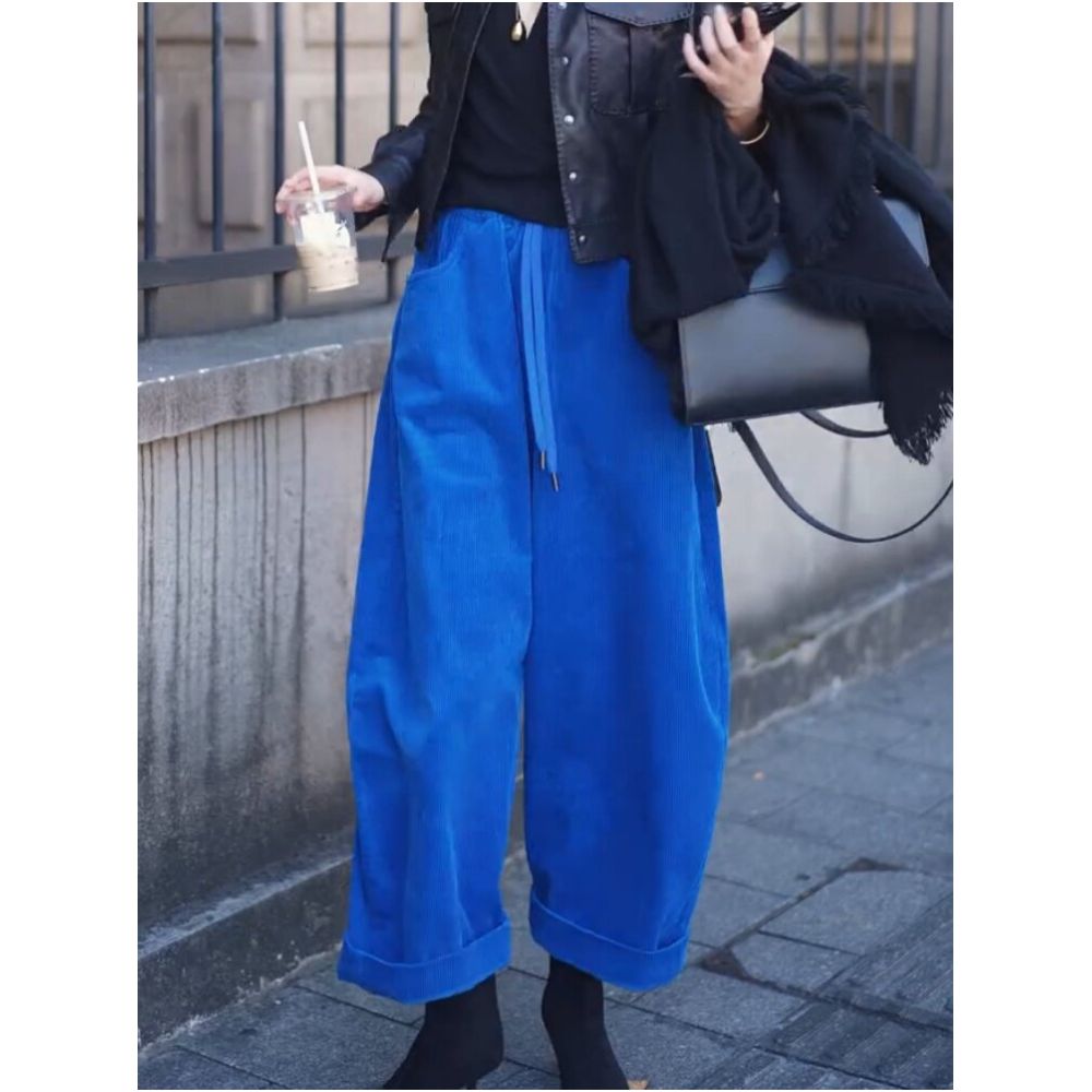 Plus size women s loose fitting corduroy casual pants 2026 early spring new style wide leg pants slimming cropped sloping pants image 1