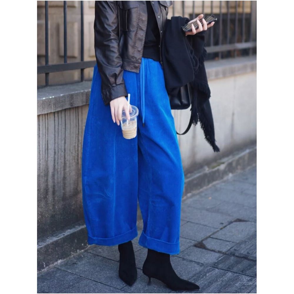 Plus size women s loose fitting corduroy casual pants 2026 early spring new style wide leg pants slimming cropped sloping pants image 2