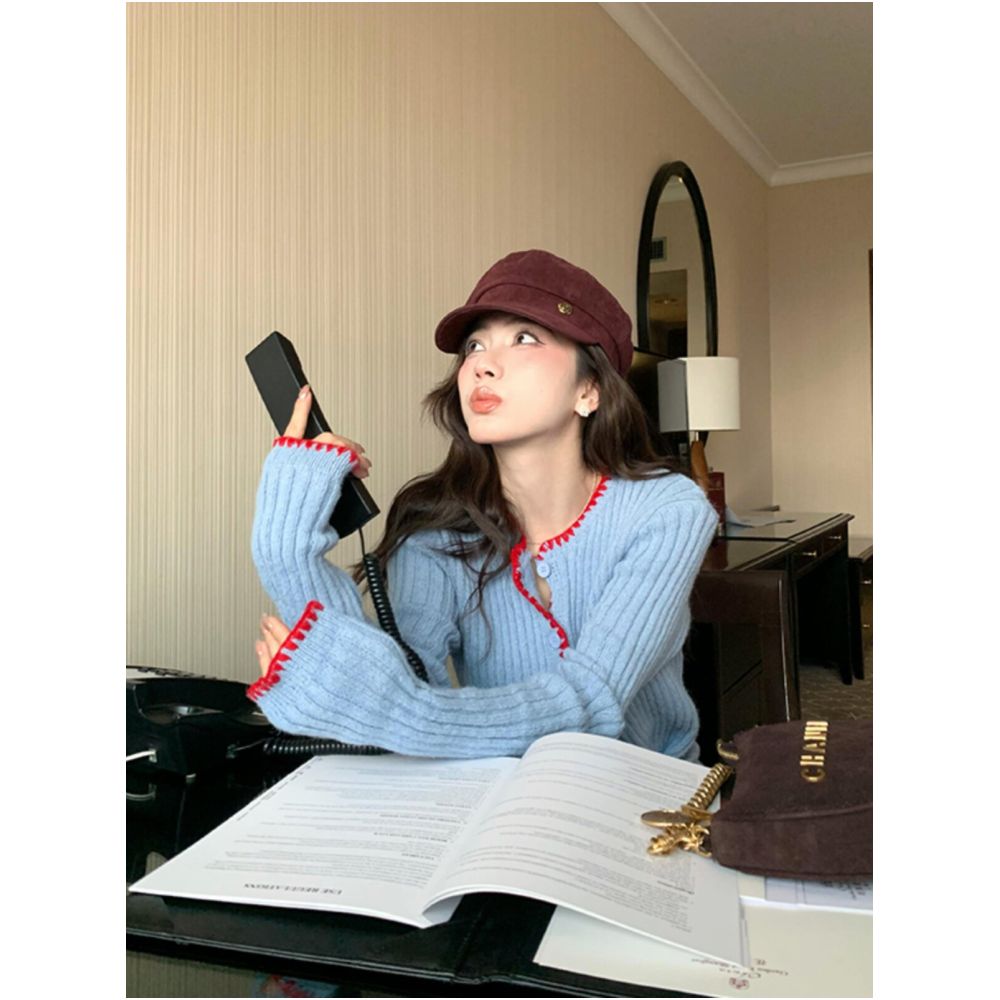 LIHEYU Autumn Winter New Color Block Lace Striped Knit Sweater for Women Korean Style Irregular Side Button image 1