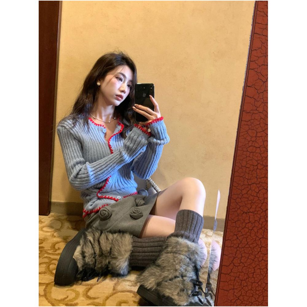 LIHEYU Autumn Winter New Color Block Lace Striped Knit Sweater for Women Korean Style Irregular Side Button image 3