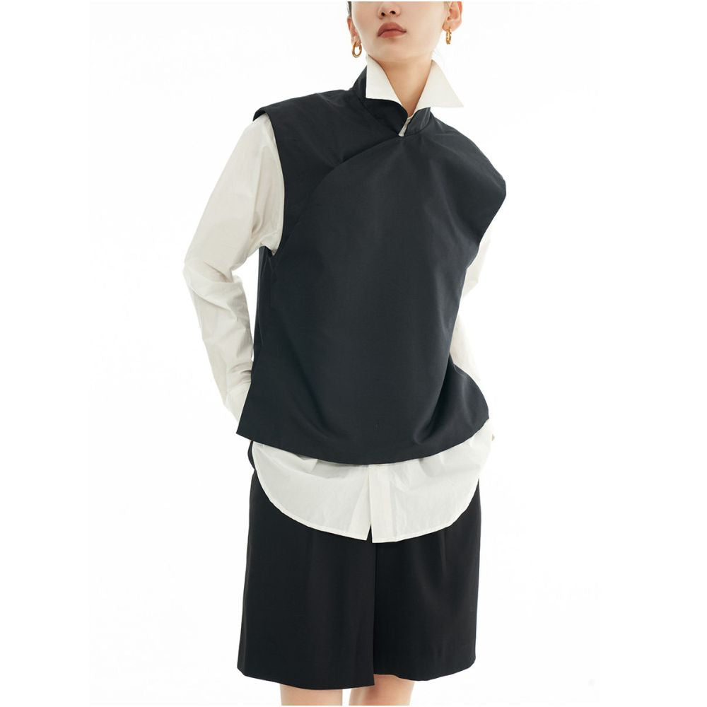 New Chinese style double layered silk stand up collar vest for women autumn outerwear slanted placket concealed button black sleeveless top image 3