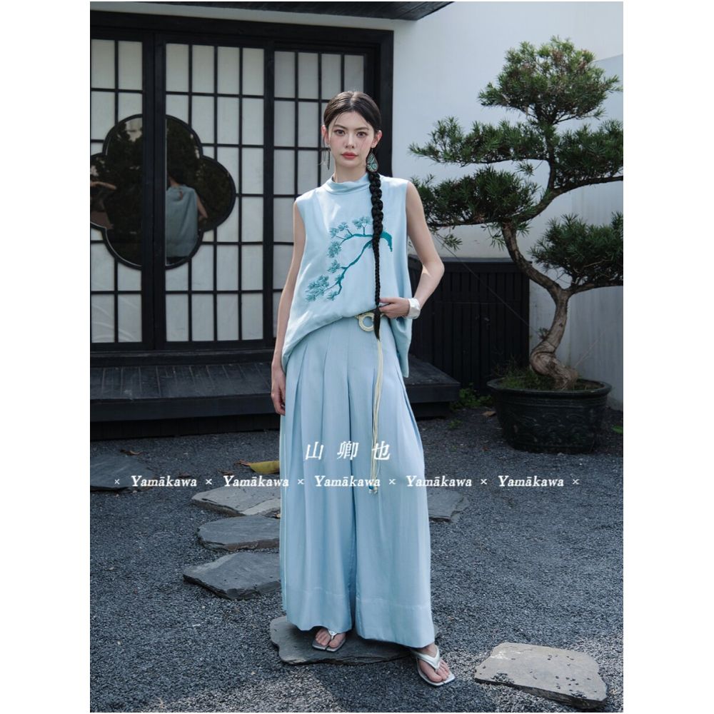 Yamakaawa Distant Mountain Blue Mist Pine New Chinese Style Embroidered Mist Blue Sleeveless Stand Collar Wide Leg Pants Set image 0