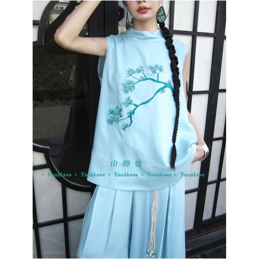 Yamakaawa Distant Mountain Blue Mist Pine New Chinese Style Embroidered Mist Blue Sleeveless Stand Collar Wide Leg Pants Set image 1