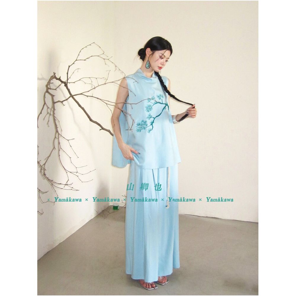 Yamakaawa Distant Mountain Blue Mist Pine New Chinese Style Embroidered Mist Blue Sleeveless Stand Collar Wide Leg Pants Set image 2