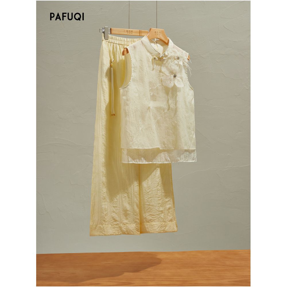 Improved New Chinese Style Exquisite Three Dimensional Beaded Vest and Wide Leg Pants Set Light Chinese Style Women s Summer 2026 New Arrival image 0
