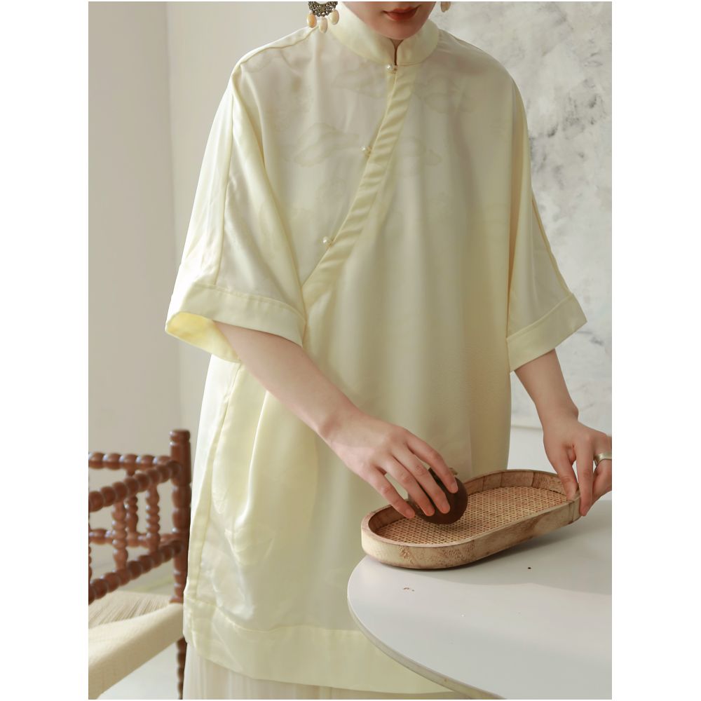 TAORAN Women s Chinese Style Stand Collar Short Sleeve Top with Loose Fit and Beaded Buttons Modified Cheongsam Style Zen Inspired Everyday Top image 0