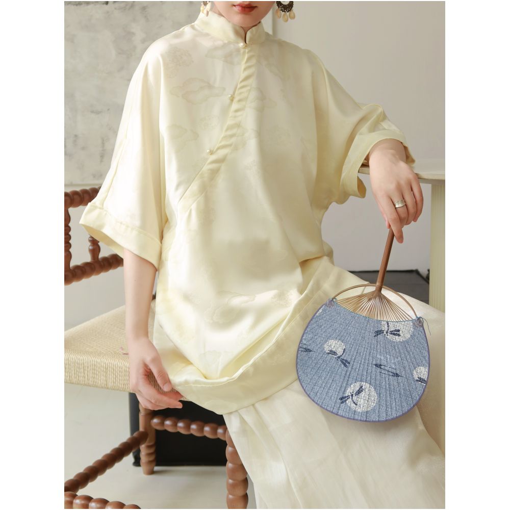TAORAN Women s Chinese Style Stand Collar Short Sleeve Top with Loose Fit and Beaded Buttons Modified Cheongsam Style Zen Inspired Everyday Top image 2
