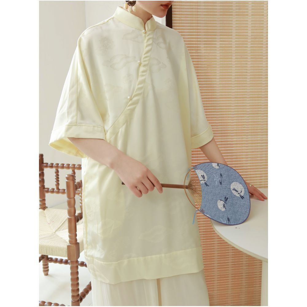 TAORAN Women s Chinese Style Stand Collar Short Sleeve Top with Loose Fit and Beaded Buttons Modified Cheongsam Style Zen Inspired Everyday Top image 4