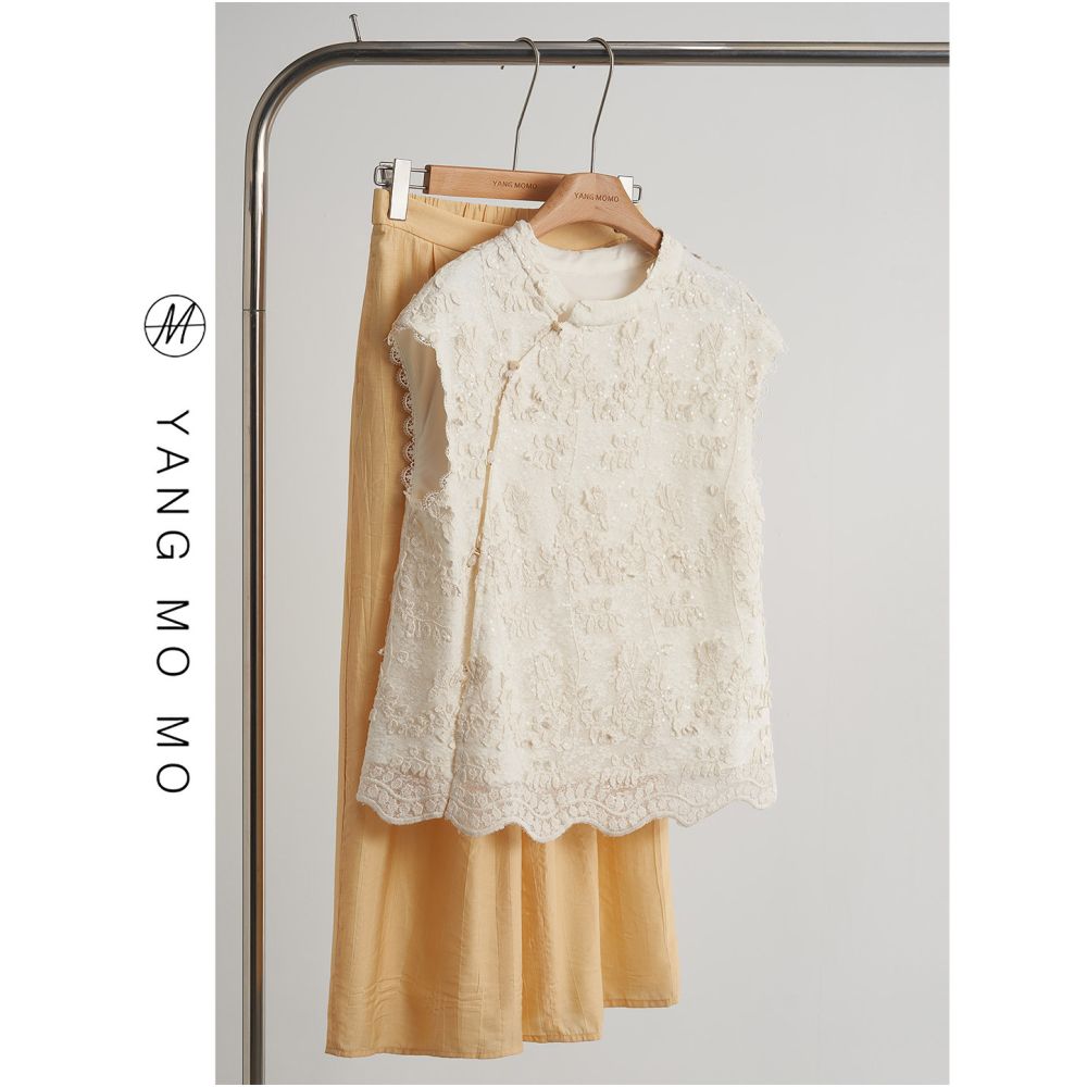 New Chinese style national style gentle temperament heavy industry sequin embroidery lace shirt vest top set women s summer new style image 1