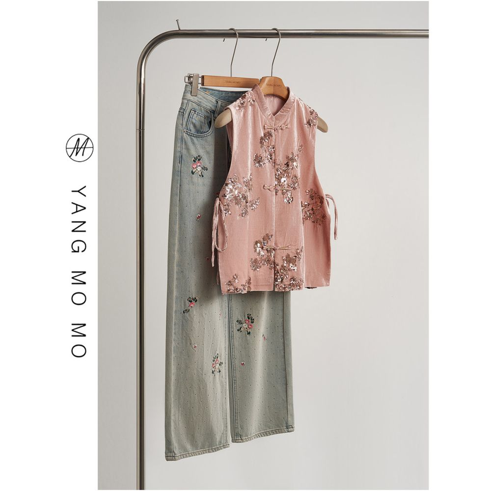 New Chinese style retro temperament buckle stand collar sequin buckle vest long pants set for women 2026 spring new item image 1
