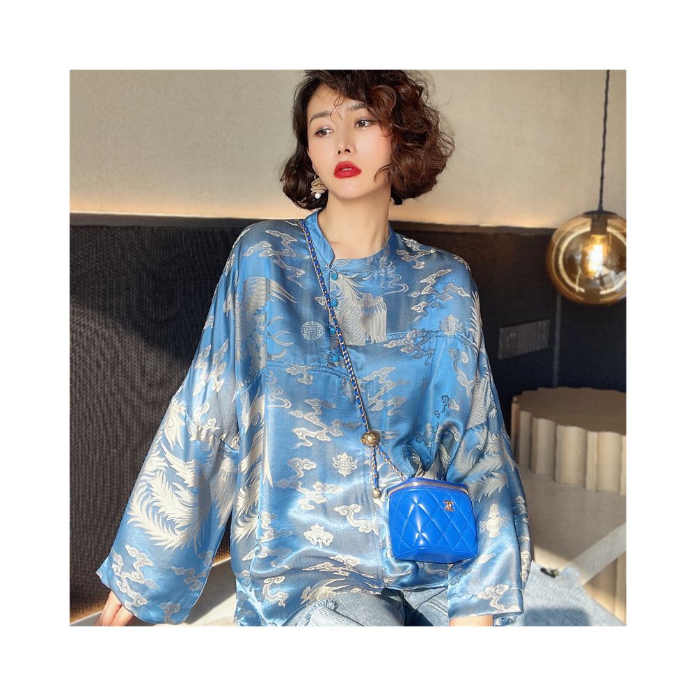 Stunning Heavyweight Blue and Gold Phoenix Jacquard Silk Shirt for Women Retro Style Modernized Chinese Style Oversized Top H2189 image 1