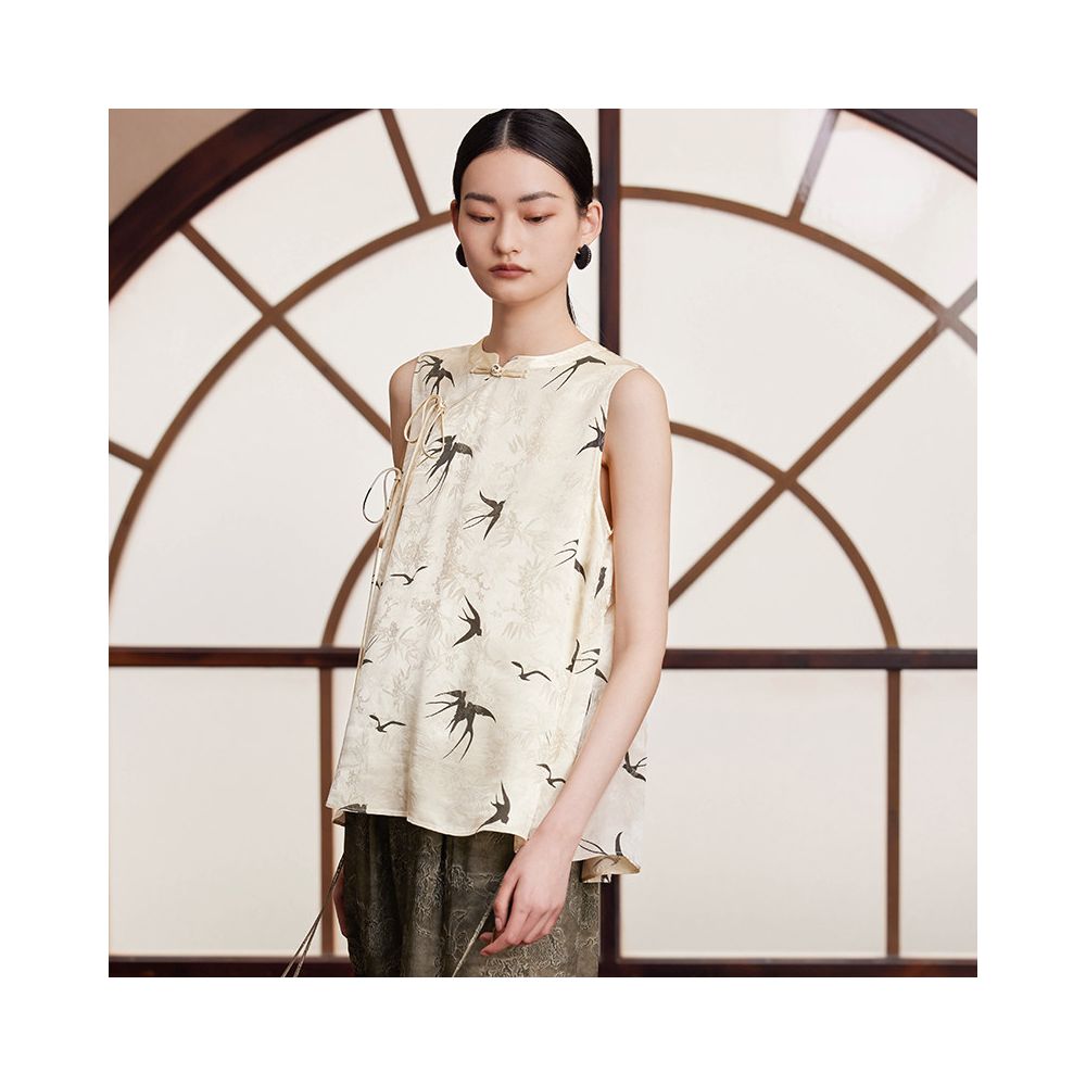 Ruyi Lianyun summer outfit new standing collar slanted collar lace up sleeveless shirt women s new Chinese style retro jacquard top image 2