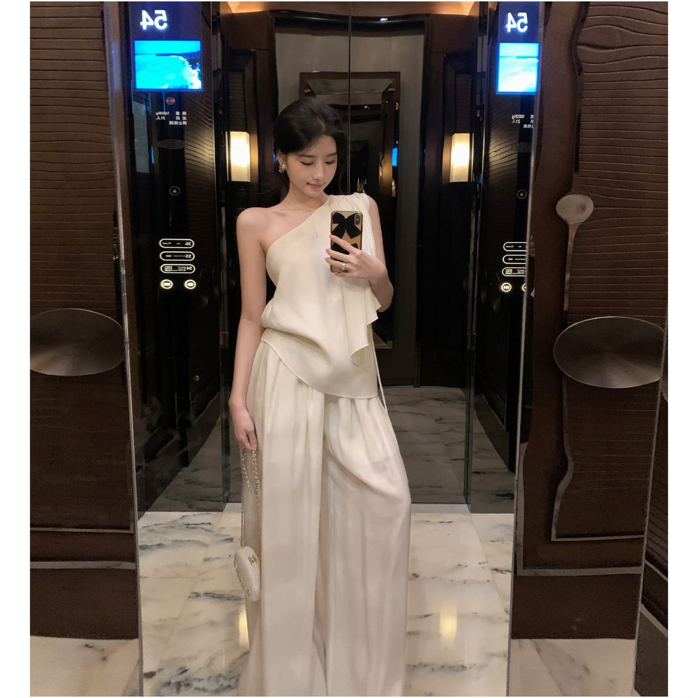 Middleton Beauty God Comes Texture Silk Design Sense Off Shoulder Sleeveless Top Wide Leg Pants Set Summer image 4