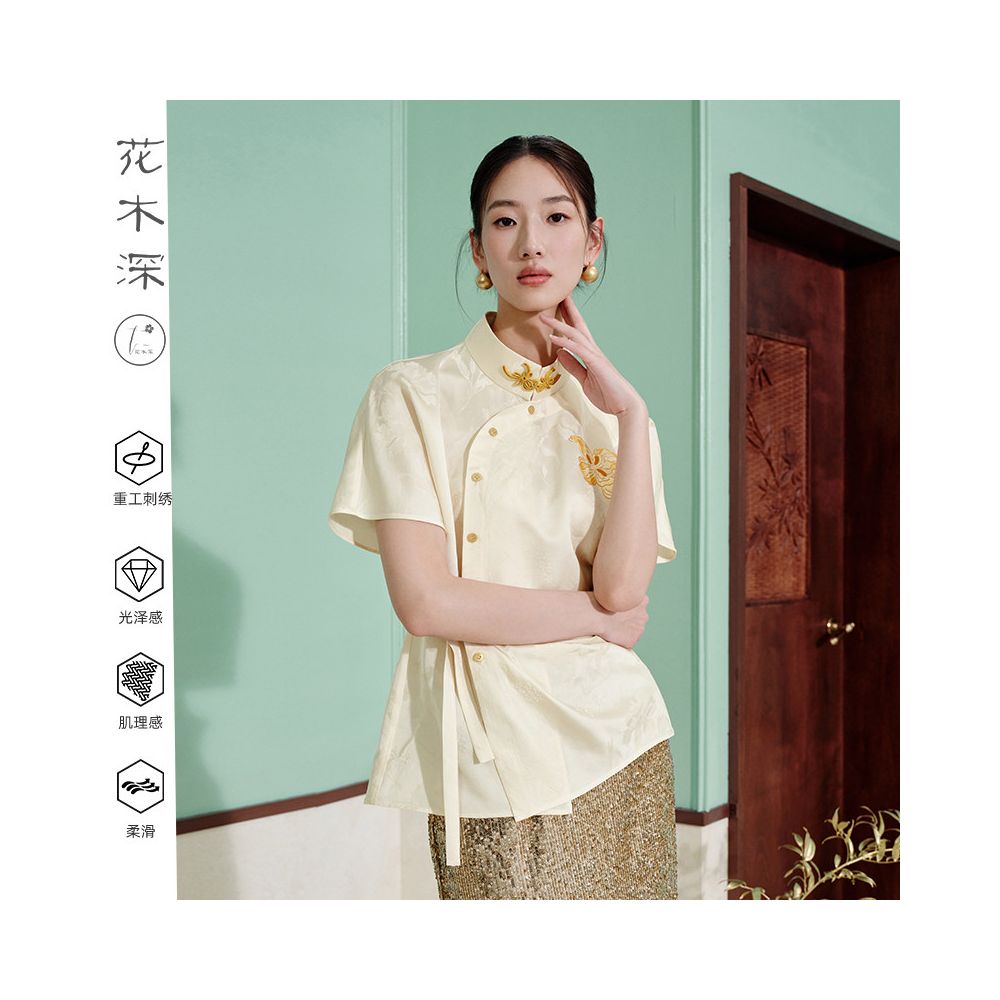 Flower and Tree Deep Embroidery White Shirt Short Sleeve Women s New Improved Hanfu Handmade Su Embroidery Shirt Stand Collar New Chinese Top image 2