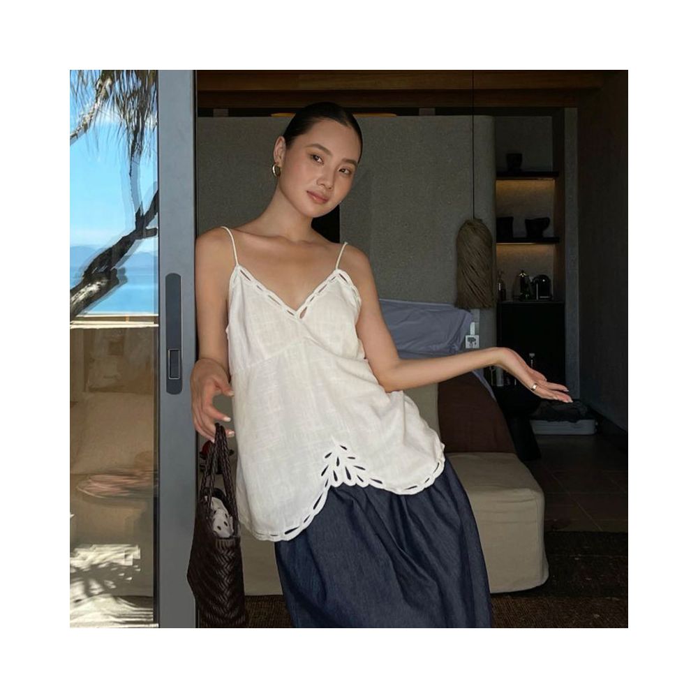 PURITY YH Minimalist French Cool and Dry Linen Heavy duty Hollow Embroidery Vacation Loose silhouette Strap Top image 3