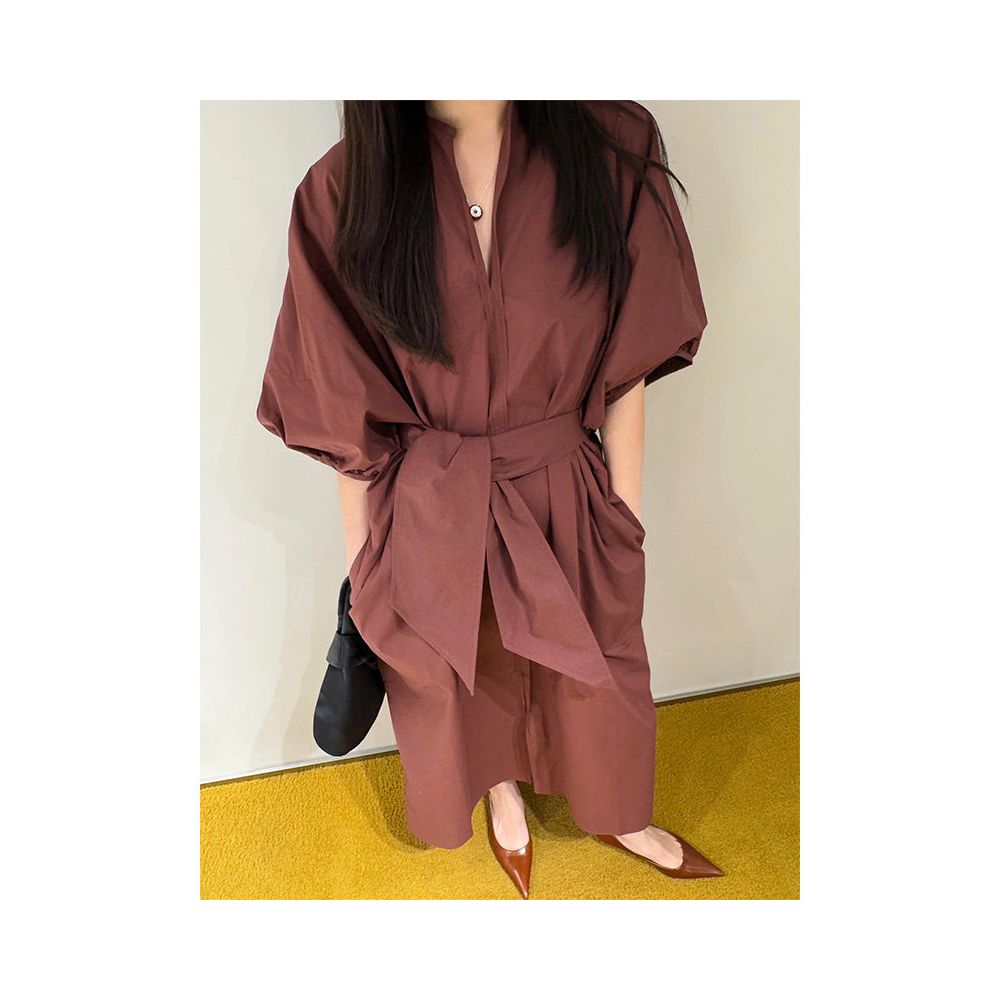 French retro red belted waist puff sleeve shirt dress old money style commuter temperament V neck dress early autumn image 2