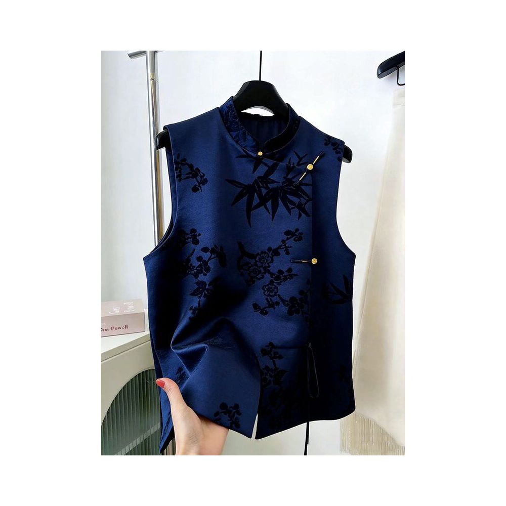 New Chinese style retro stand up collar sleeveless vest women s blue buckle temperament high end jacket for spring 2026 image 1