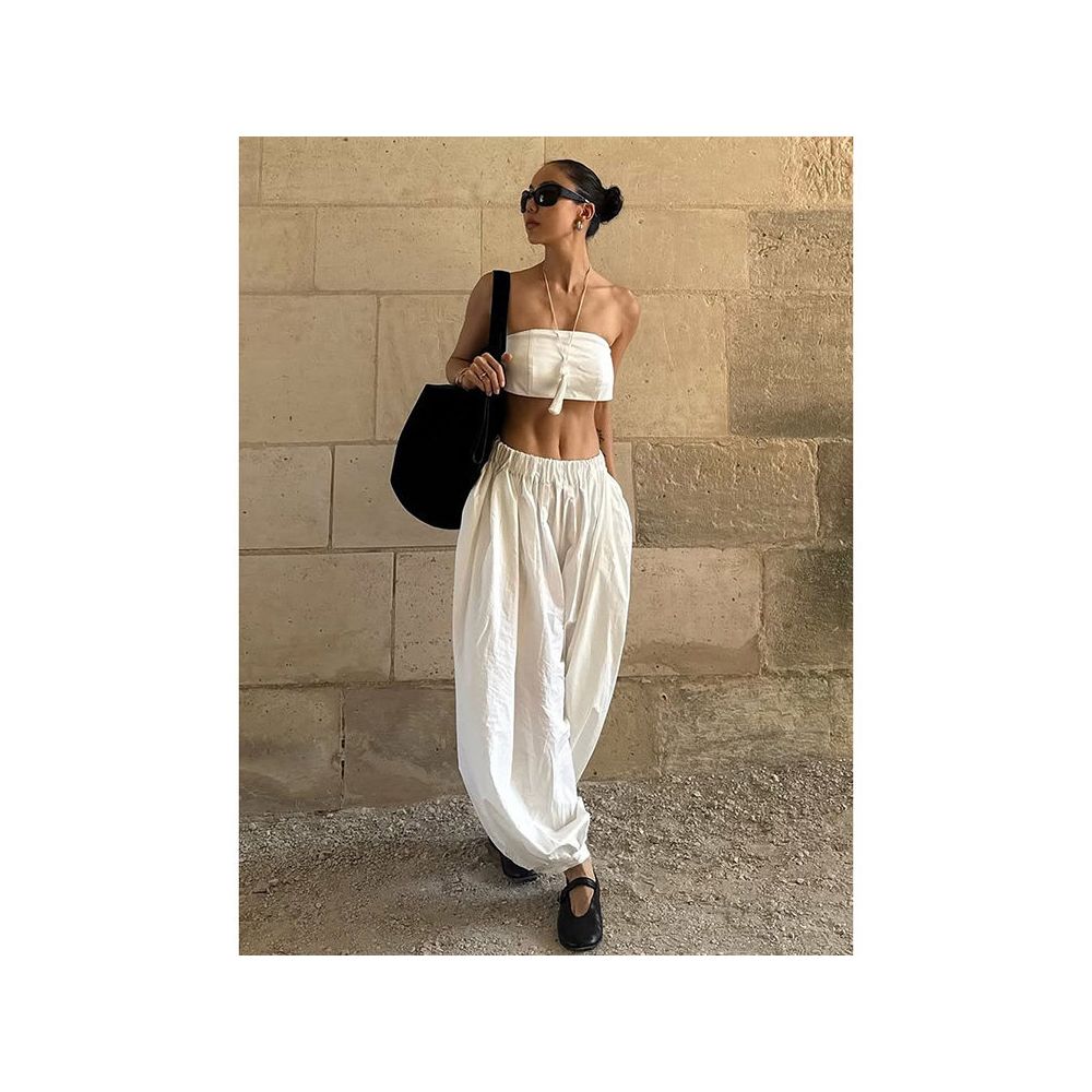 American retro white casual pants for women new autumn style high waisted slimming simple loose wide leg pants lantern pants image 1