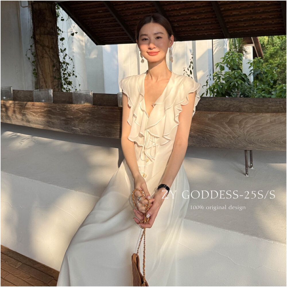 2025 Summer New Korean Style Design Lotus Edge Sleeveless V neck Dress French Romantic Holiday Long Dress image 0