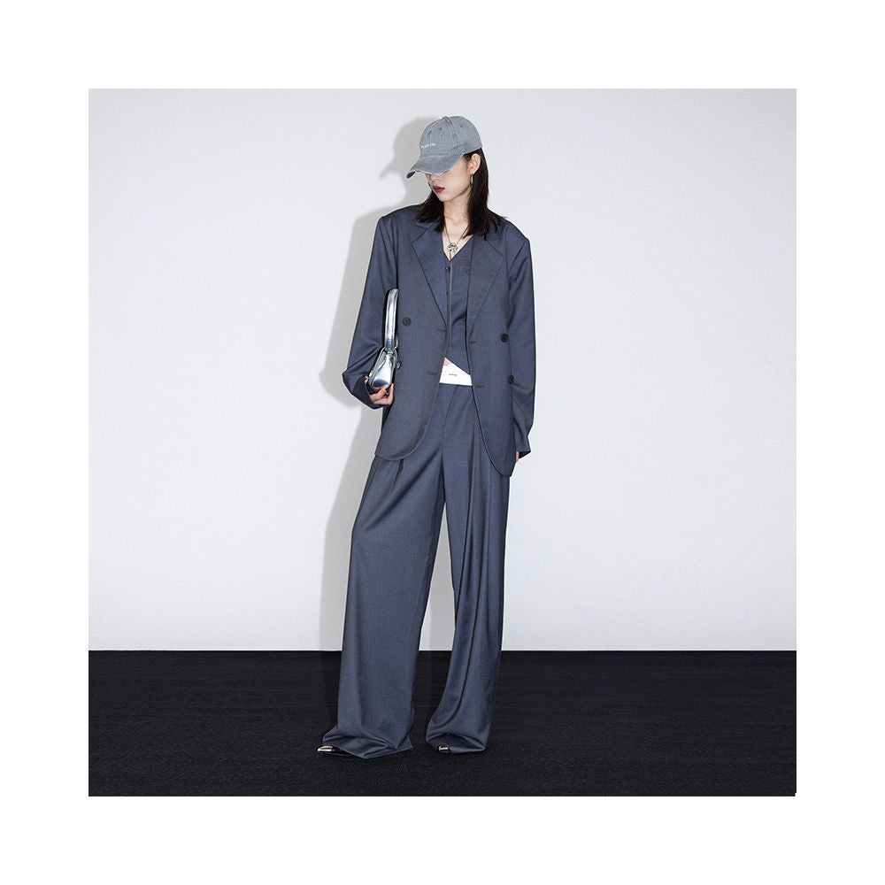 Ourhour slanted turned up waist black and gray pleated wide leg suit pants women s spring and autumn design floor length trousers image 2