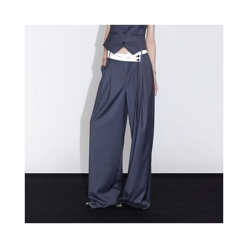 Ourhour slanted turned up waist black and gray pleated wide leg suit pants women s spring and autumn design floor length trousers image 4