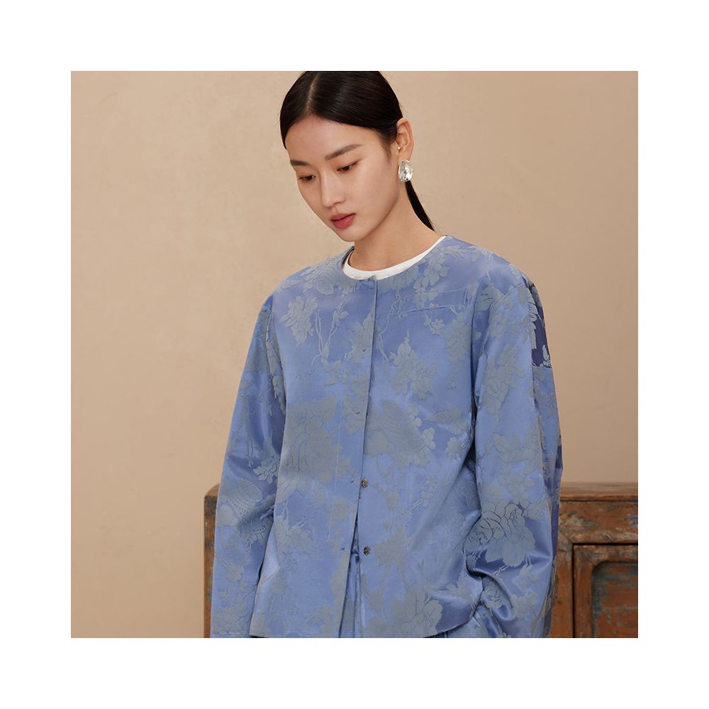 Ruyi Lianyun Spring and Autumn New Round Neck Jacquard Short Coat for Women Retro New Chinese Style Double breasted Metal Buckle Top image 1