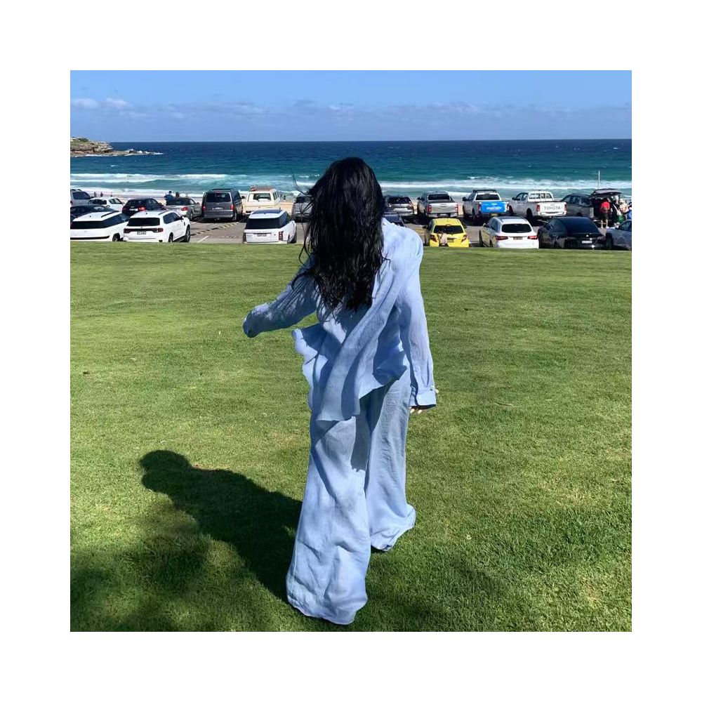 European style high end unique embroidered blue linen cotton shirt and wide leg pants two piece set for women spring 2026 image 3
