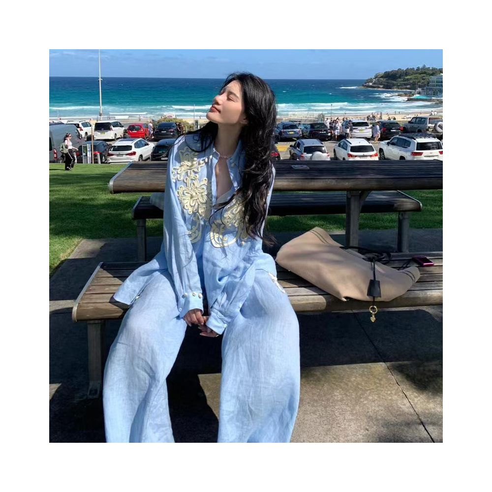 European style high end unique embroidered blue linen cotton shirt and wide leg pants two piece set for women spring 2026 image 0