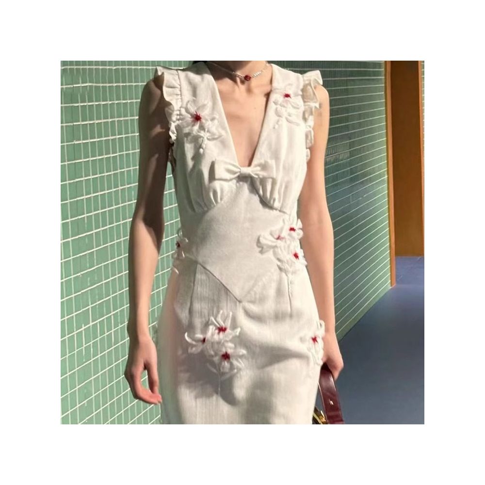 TE shushu fashion temperament pure handmade new Chinese embroidery three dimensional flower decoration waist slimming dress image 1