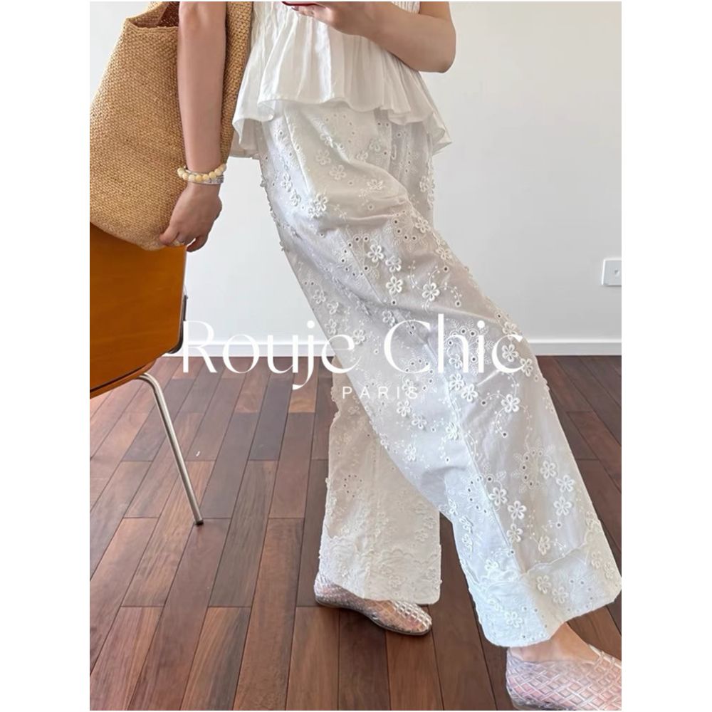 Rouje chic summer French white three dimensional flower embroidery hollow wide leg pants for women lightweight straight leg pants image 0