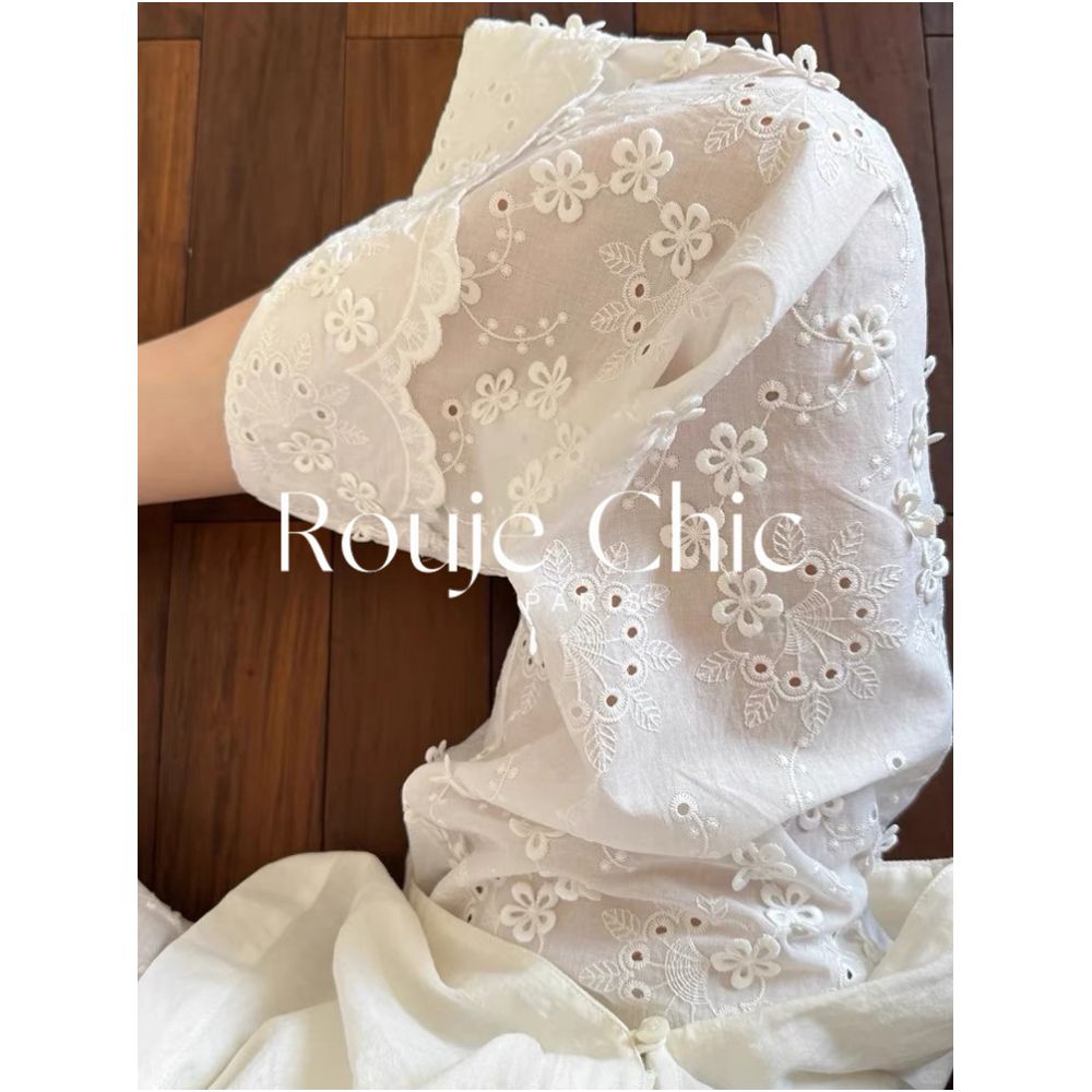 Rouje chic summer French white three dimensional flower embroidery hollow wide leg pants for women lightweight straight leg pants image 2