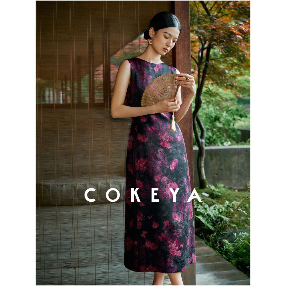 COKEYA Oriental Beauty Xiangyun Yarn 6A Grade Silk Cheongsam Sleeveless Chinese Style Floral Dress for Women image 3
