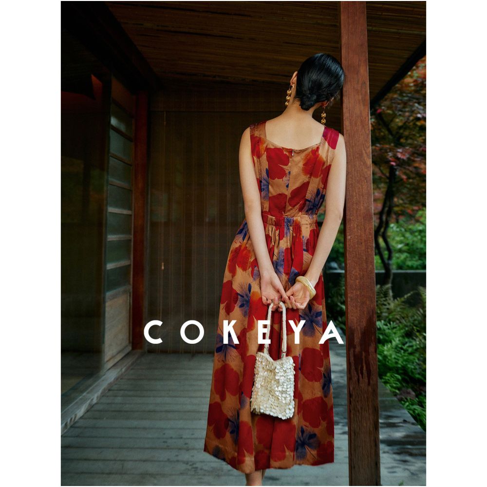 COKEYA Oriental Beauty Xiangyun Yarn 6A Grade Silk Cheongsam Sleeveless Chinese Style Floral Dress for Women image 4
