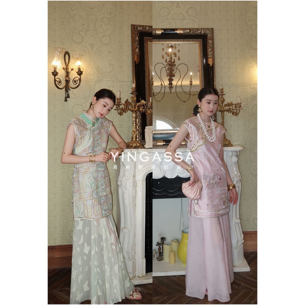 Zhou Xinxin YINGASSA Xiu Se Mask Ancient Jin Xia Style Intangible Cultural Heritage National Style Embroidered Cheongsam Top and Half Skirt Set image 1