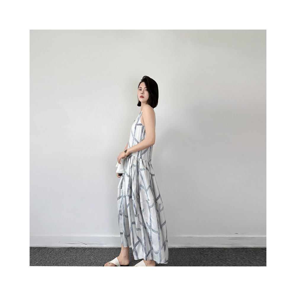 Summer new designer pattern silk design sense irregular branch line vest dress for women image 3