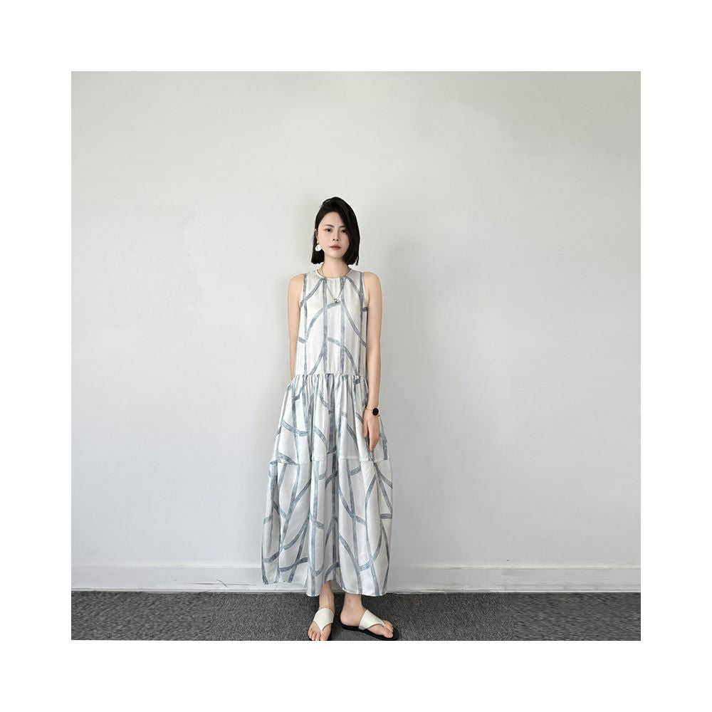 Summer new designer pattern silk design sense irregular branch line vest dress for women image 0