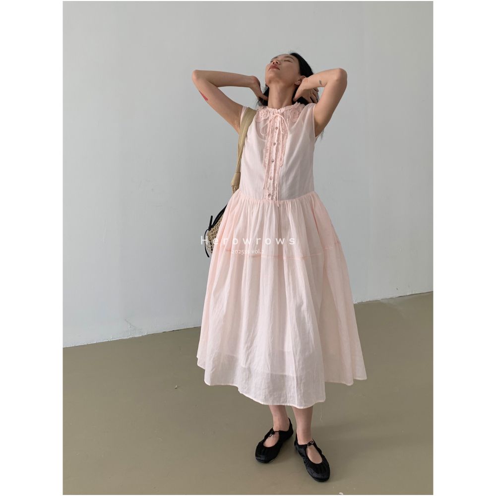 Herowrongs Summer Clear Hemp Cotton Heavy Industry Flower Wrapped Strap Dress Front and Rear Two Wearing Large Swing Skirts image 4