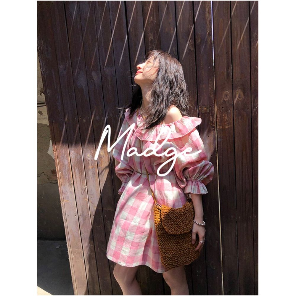 S Andro Madge French Linen Checkered Ruffle Edge Bubble Sleeve Dress Retro Art Student Skirt ins image 1