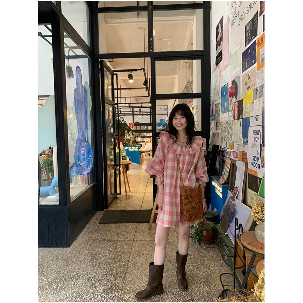 S Andro Madge French Linen Checkered Ruffle Edge Bubble Sleeve Dress Retro Art Student Skirt ins image 2